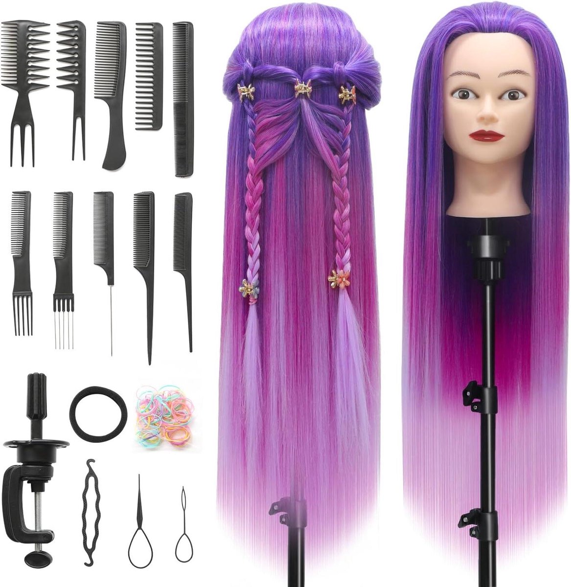 Trainingshoofd Haar - Kappershoofd Oefenhoofd - Kapsels Oefenen - 100% Synthetische Vezels - 28 inch - Paars Rood