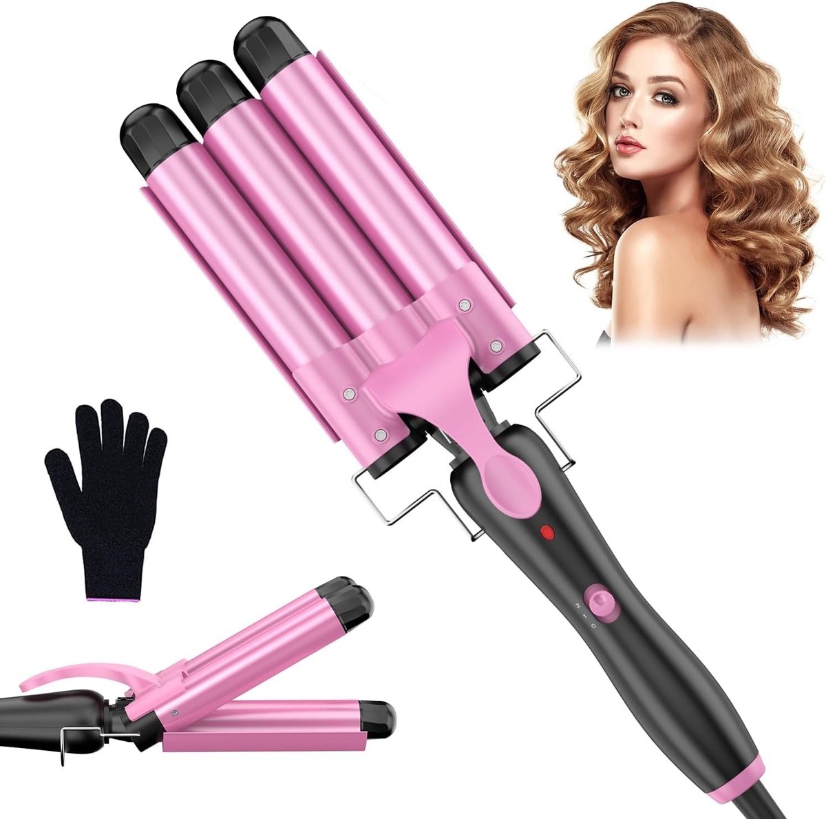 Wafeltang haar - Roze - 25 mm - Keramische Krultang met 3 Stangen - Voor Kleine Krullen