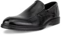 Zwarte ECCO leren mocassin met subtiele vouwen op de wreef en lage hak.
