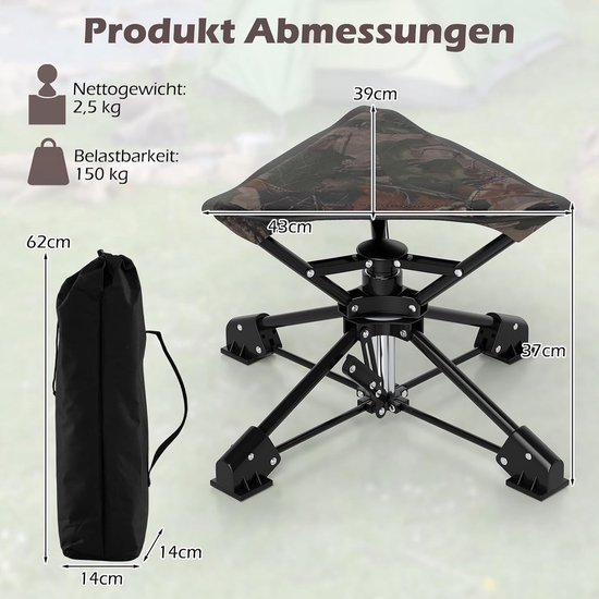Opvouwbare Campingstoel - Draaibare Kruk - Buitenactiviteiten - 360 Graden Draaibaar - 150 kg draagvermogen - camouflage — afbeelding 2