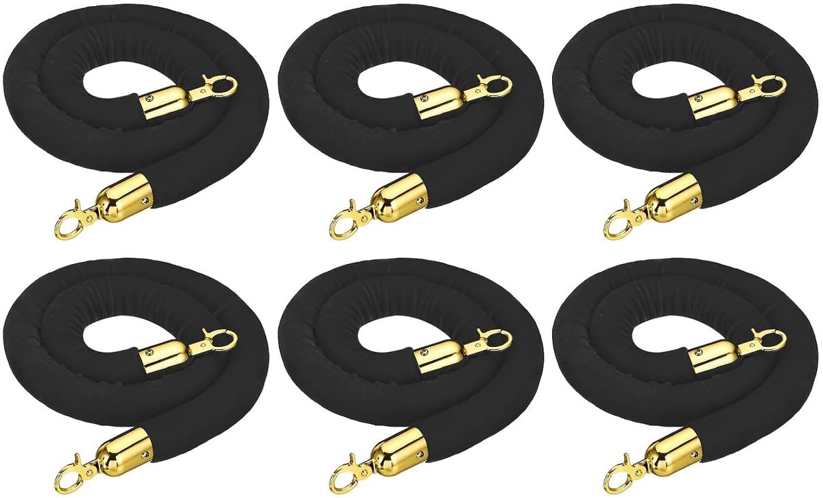 Zwarte Fluwelen Stand Touw Set van 6 Stuks met Snap Hooks voor Polen en Wachtrijbeheer in Hotels en Theaters