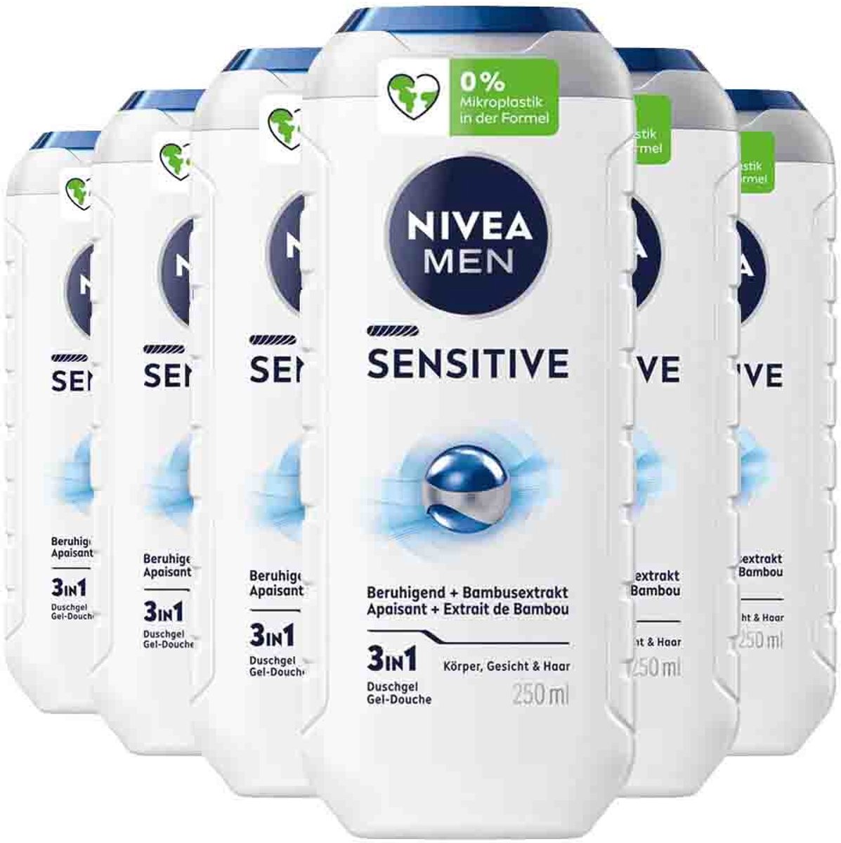 NIVEA Men Shampoo & Douchegel 3in1 Sensitive - 6 x 250 ml - Voordeelverpakking