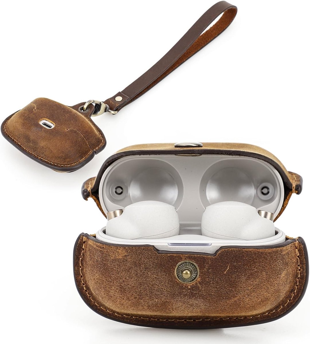 Beschermhoes voor Sony WF-1000xm4 - Draagbare Echt Leren Oordopjes Case met Afneembare Polsband (Koffiebruin) - Stijlvolle Accessoire voor Oordopjes en Bescherming