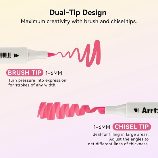 Demonstratie van de dubbele tip van Arrtx stiften: brede kwast-tip en platte beitel-tip met roze inktdemonstratie.