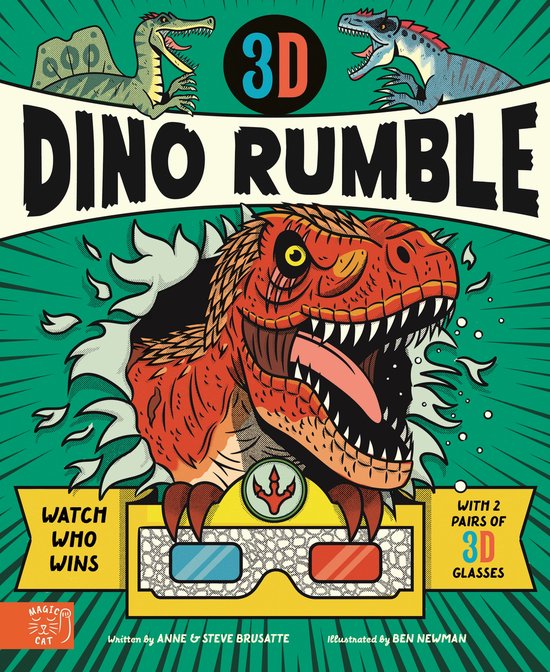 Boekomslag '3D Dino Rumble' met een boze rode T-Rex die door het beeld breekt, met dinosaurussen bovenin en 3D-brillen onderaan.