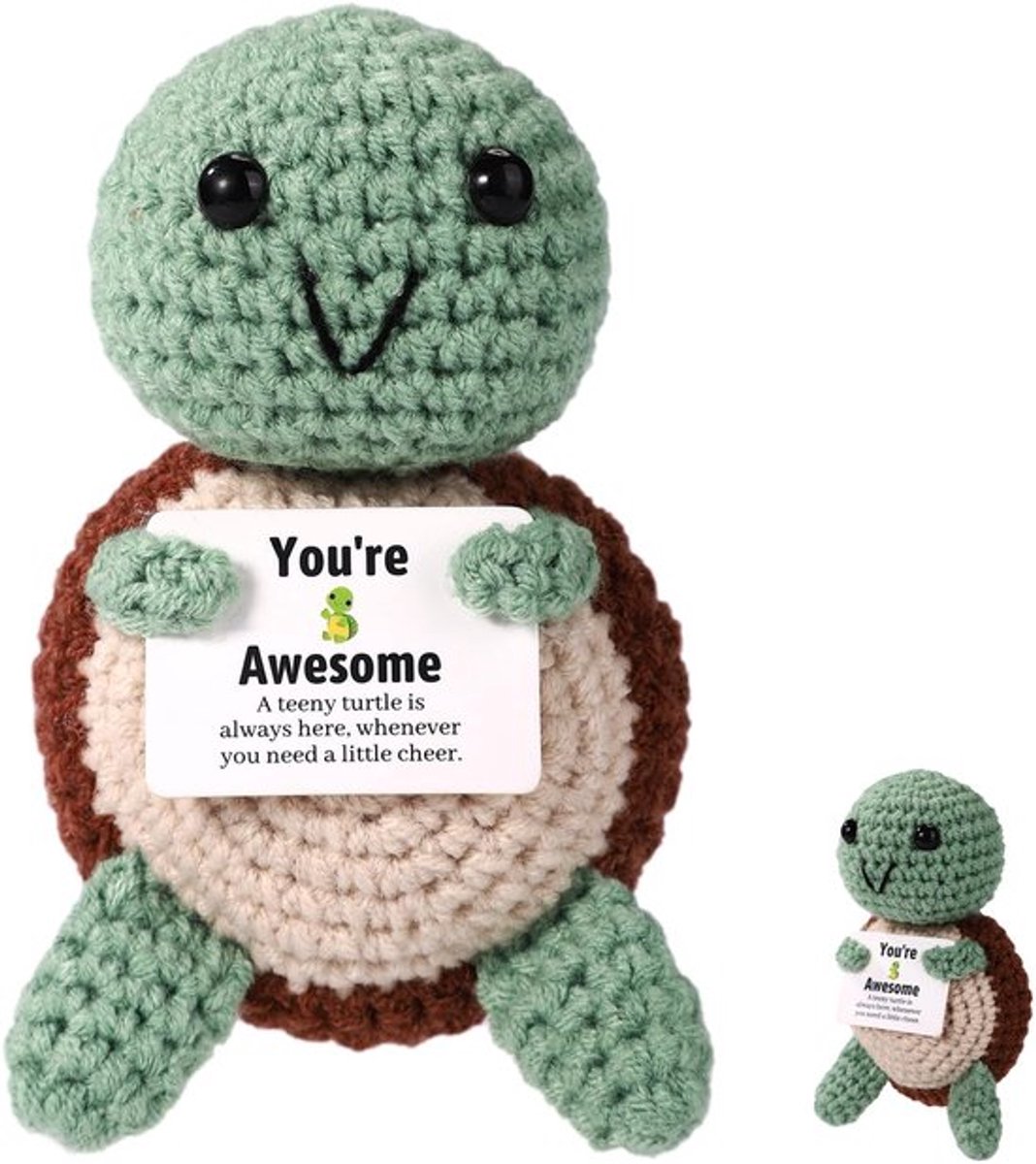 Positieve schildpad, handgemaakte emotionele gehaakte schildpad-ondersteuningspop met bemoedigingskaart. Positieve gehaakte dieren, inspirerend cadeau voor familie, vrienden, thuiskantoordecoratie.