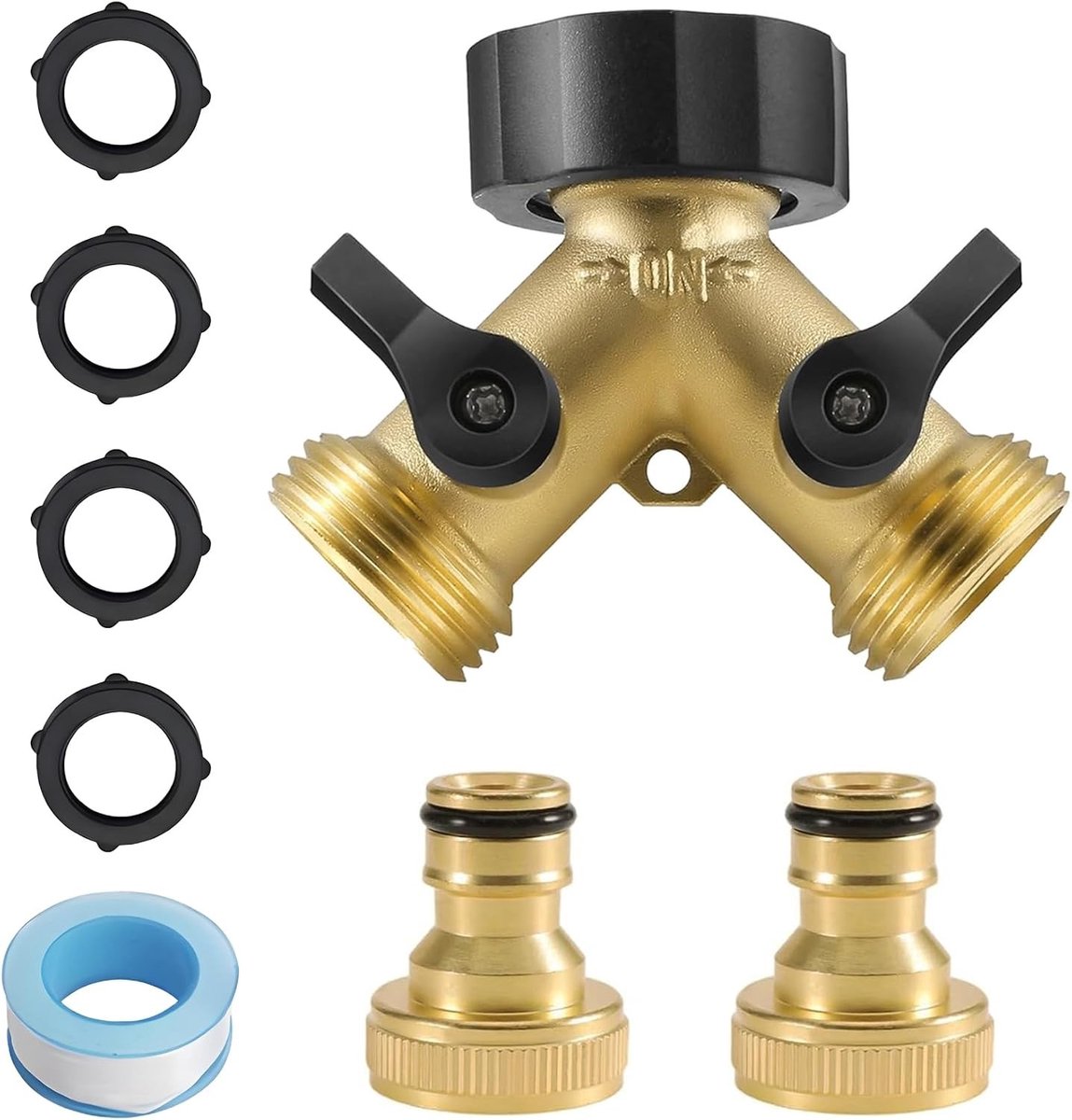 Tweeweg tuinslang splitter met 3/4 inch aansluiting, individuele aan/uit-schakelaars en snelle koppelingen voor tuin, binnenplaats en gazon