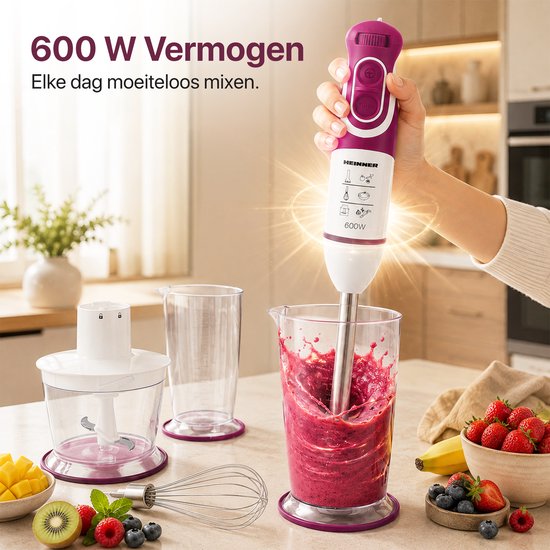 Heinner Staafmixer Set - 600W - 5 Snelheden - Turbo Functie - 700 ml Maatbeker - 500 ml Hakmolen - Garde - RVS Staaf - Wit/Bordeauxrood van Heinner — afbeelding 3