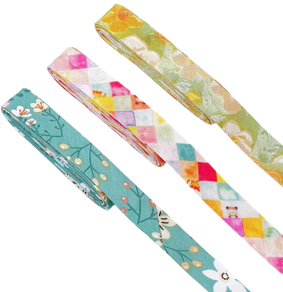 Schrägband met bloemenpatroon - 7,5 m l, 15 mm b, 3 kleuren