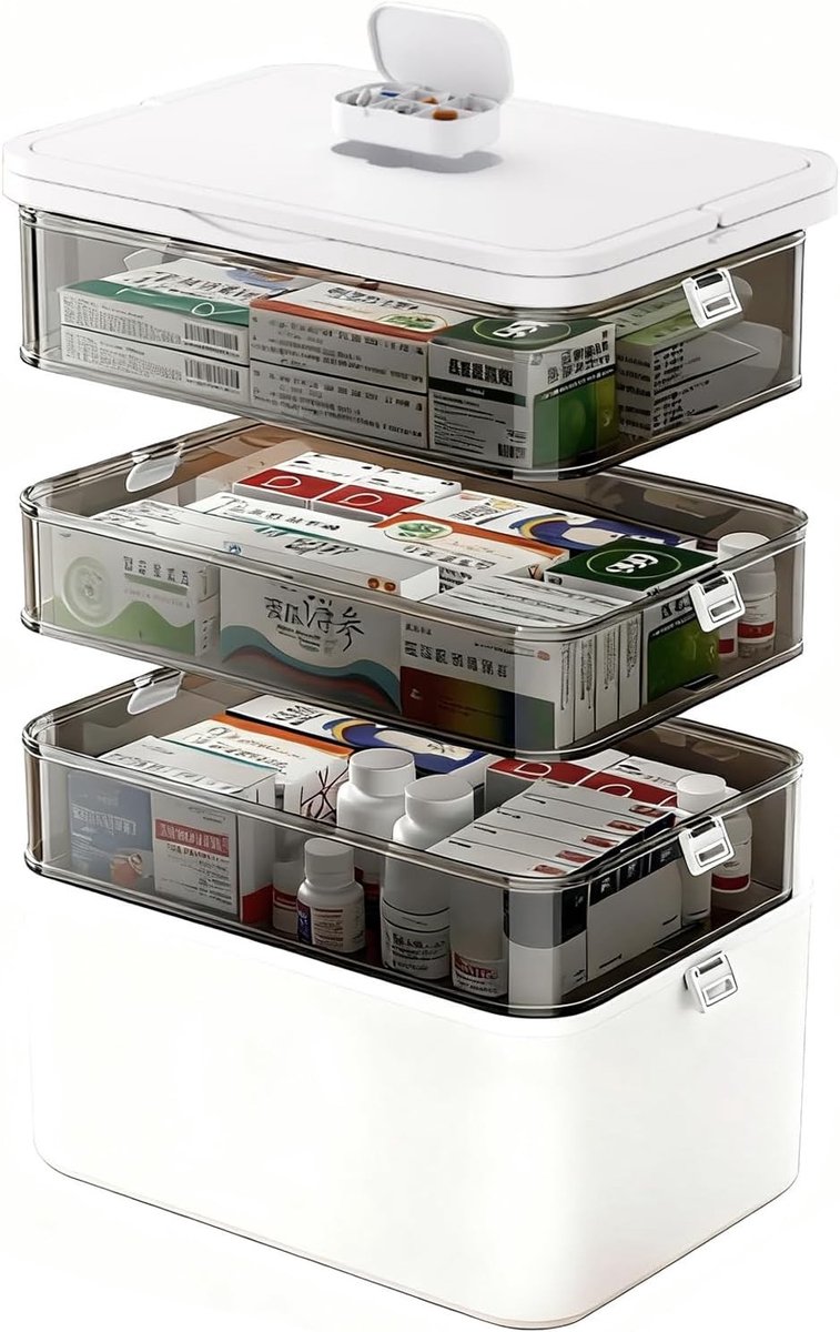 Gelaagde Medicijnbox met Grote Capaciteit, Draagbare Organizer met Handvat, Veelzijdige Eerste Hulp Doos met Verwijderbare Compartimenten, Wit