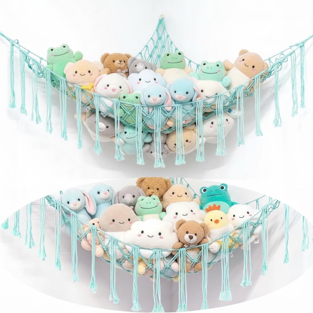 2-Pack Opbergnet voor Speelgoed, Hoekhanger voor Kinderkamer, Makramee Hangmat voor Knuffeldieren en Teddyberen, Ruimtebesparende Oplossing voor Speelgoedorganisatie