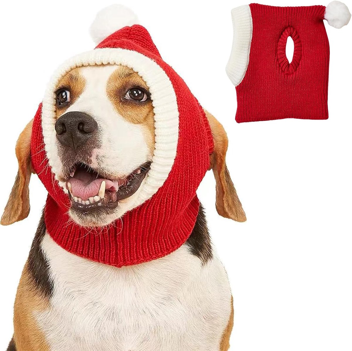 Hondenkerstmuts met Ooropen voor Kleine, Middelgrote en Grote Honden en Katten - Winter Gebreide Pompon Muts en Nekwarmer met Oorkappen voor Feestelijke Kostuums