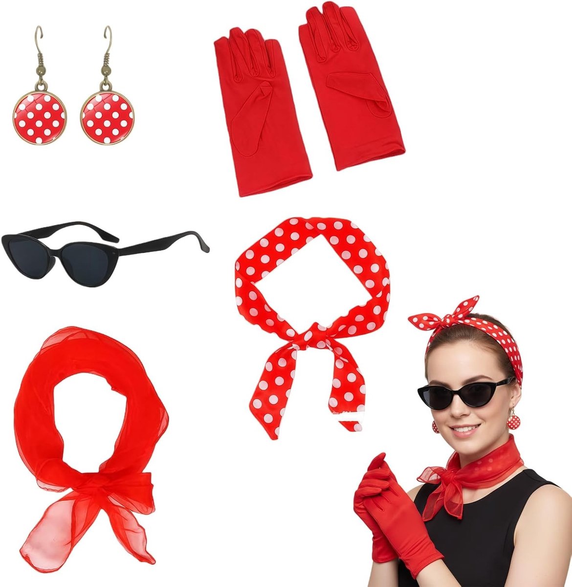 Retro Kostuumaccessoires Set van 5 - Kat Ogen Bril, Polka Dot Bandana, Rode Handschoenen, Vintage Oorbellen en Hoofdband voor Feest en Thema Kleding