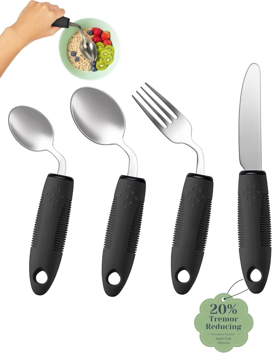Ergonomische Bestekset voor Mensen met Parkinson, Handtrillingen en Artritis - 4-delige Set met Gewogen Bestek en Eenvoudige Grip voor Comfortabel Eten