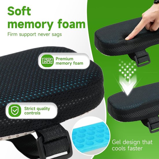 Verkoelende Gel Kussens voor Armleuningen van Bureaustoelen en Gaming Stoelen met Geheugenfoam voor Drukverlichting en Comfort — afbeelding 4