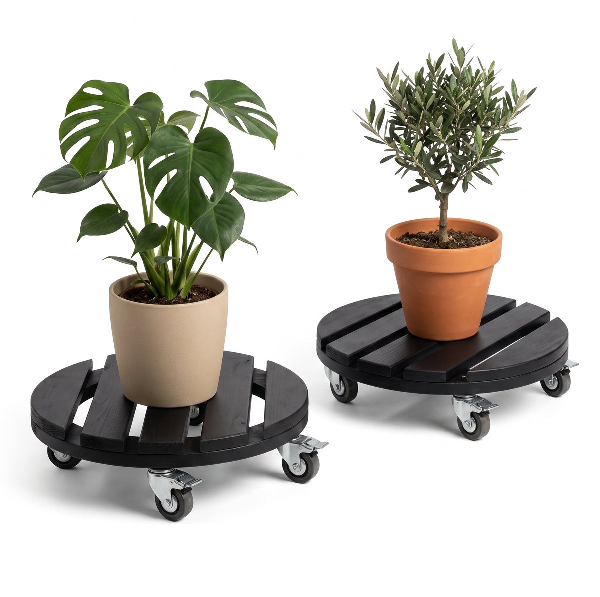 Cheqo® Plantentrolley Set van 2 - Plantenroller - Plantenonderzetter - Plantentrolley op Wieltjes - Plantenstandaard - Onderzetter voor Bloempot - Planten Trolley met Zwenkwielen en Rem - Rond - Plantenroller Hout - voor Binnen en Buiten - Zwart