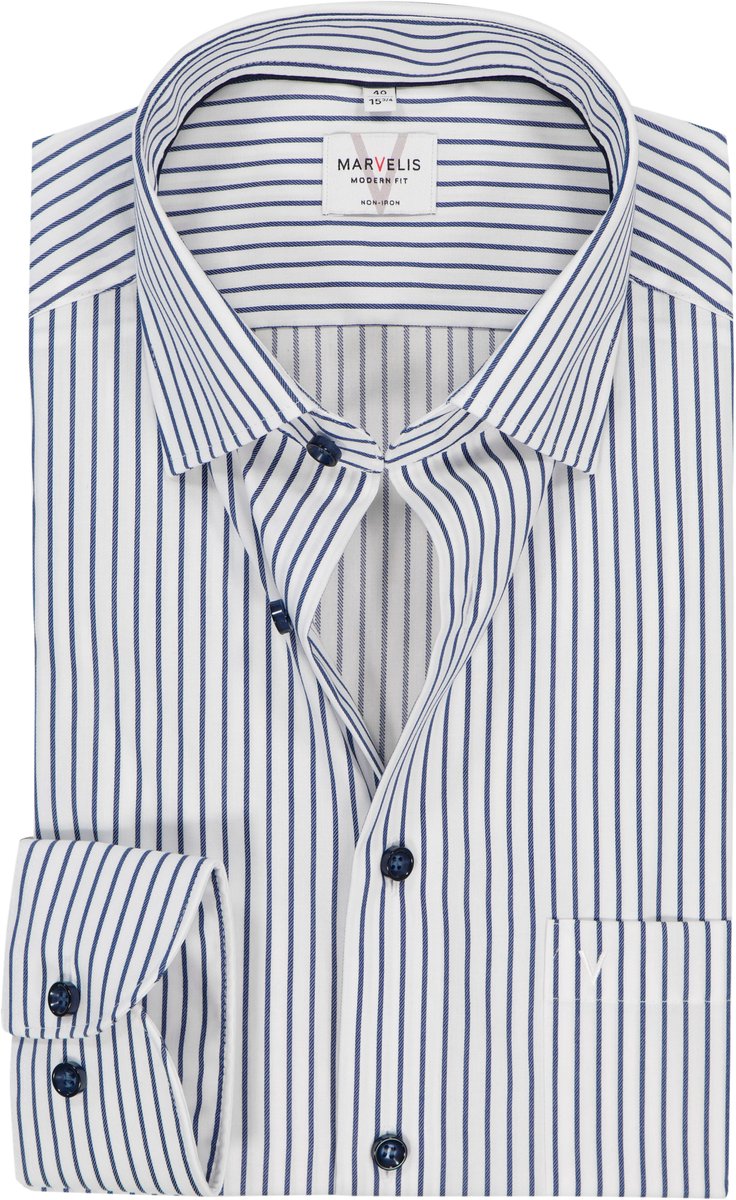 MARVELIS modern fit overhemd - mouwlengte 7 - popeline - wit met donkerblauw gestreept - Strijkvrij - Boordmaat: 43 (EU maat: XL)