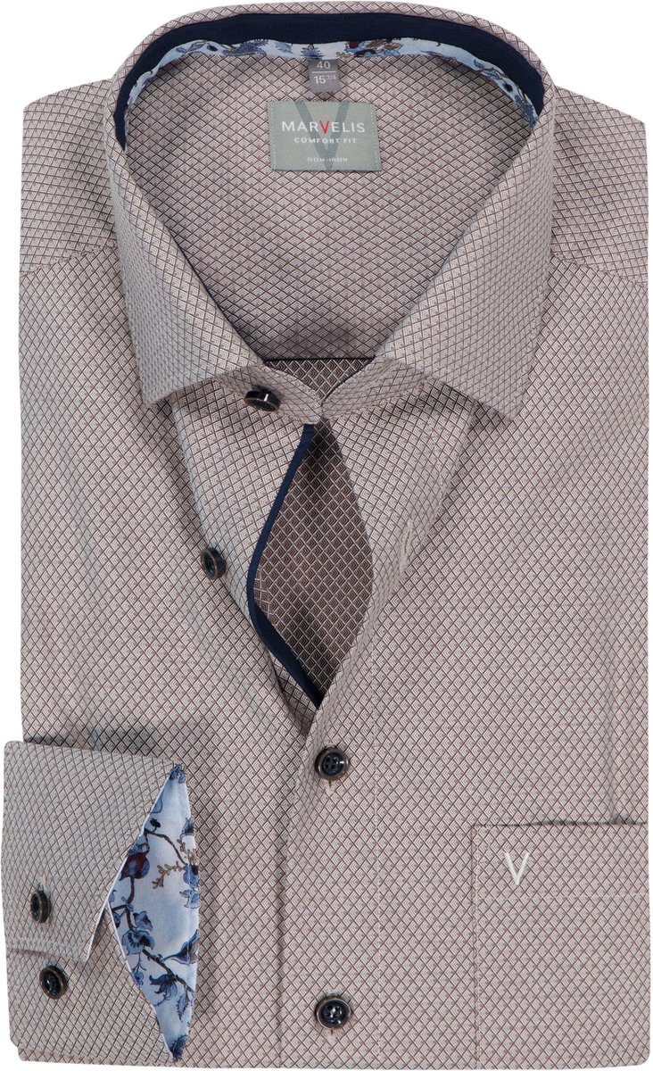 MARVELIS comfort fit overhemd - structuur - lichtbruin - Strijkvrij - Boordmaat: 40 (EU maat: M)