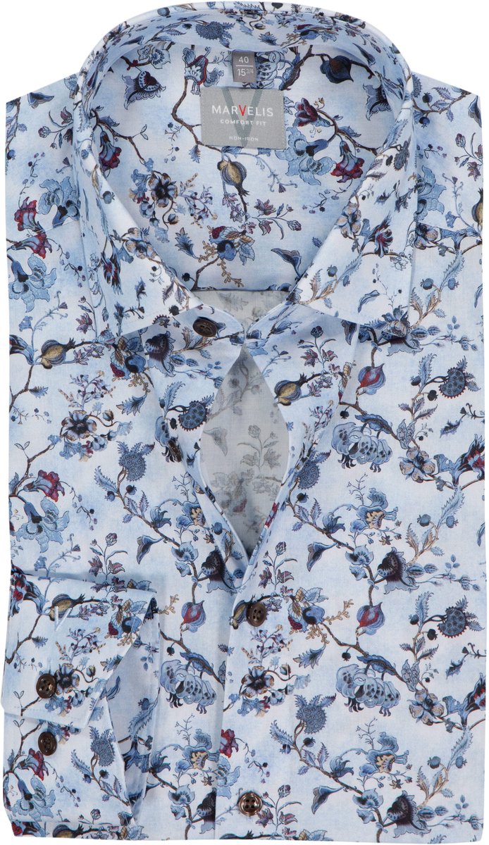 MARVELIS comfort fit overhemd - popeline - lichtblauw met donkerblauw en bordeaux bloemen dessin - Strijkvrij - Boordmaat: 49 (EU maat: 4XL)