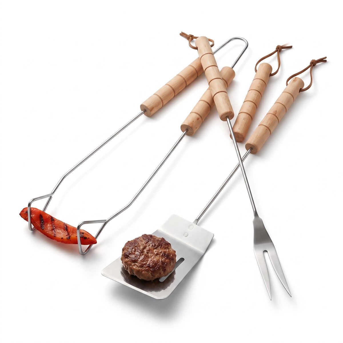 Cheqo® BBQ Gereedschapset 3-Delig - Barbecue Gereedschap met Houten Handvat - Barbecue Set - BBQ Bestek - Grillbestek - Barbecuetang - Grillspatel - Vleesvork - Barbecue Accessoires - Grill Set voor Buiten - Barbecuegerei - BBQ