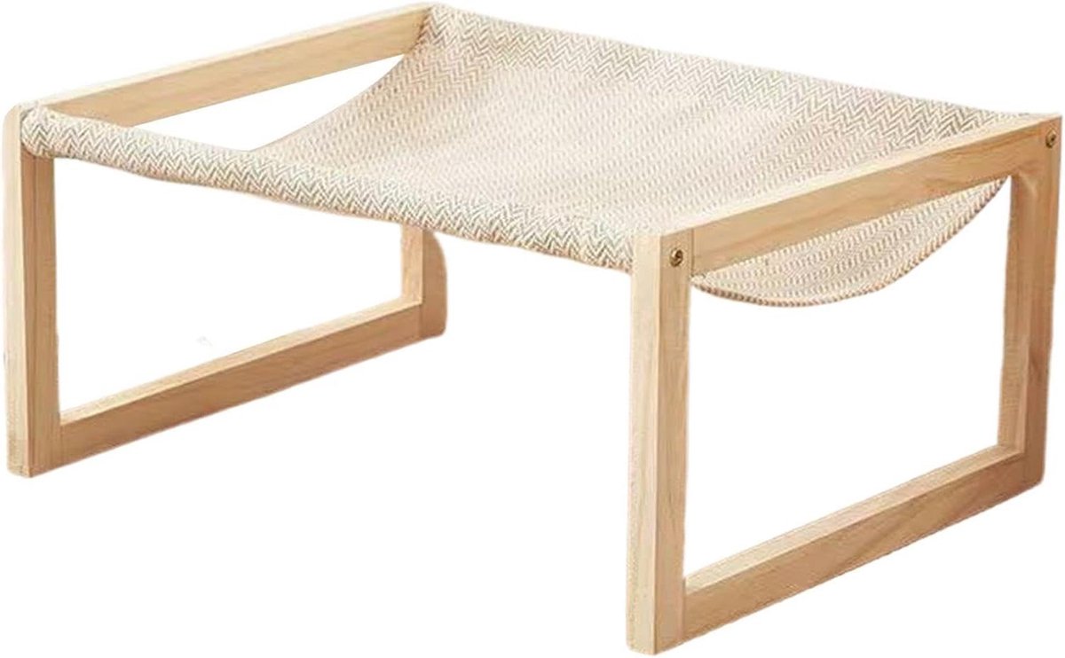 Verhoogd Hondenbed - Hondenbank Sofa - Comfortabel Rusten - Wasbaar Koel Canvas - 53x42x27.5 cm - Natuurlijk Hout