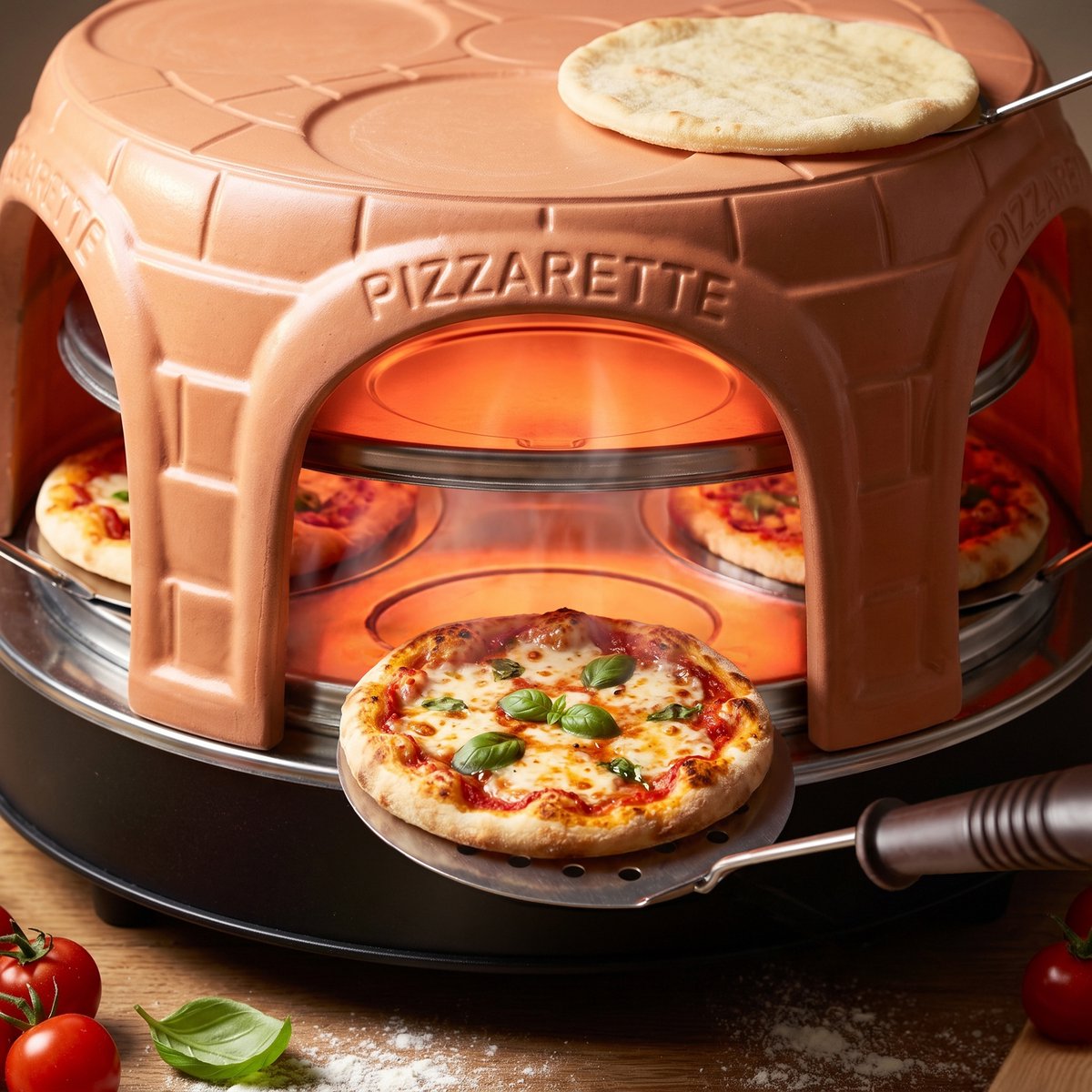 Emerio Pizzarette Origineel - 8 Persoons Pizza Oven - Handgemaakte Terracotta Koepel - 8 Geïsoleerde Bakspatels - RVS Bakplaat - Gourmetstel - PO-116124.1 1500W – foto 2