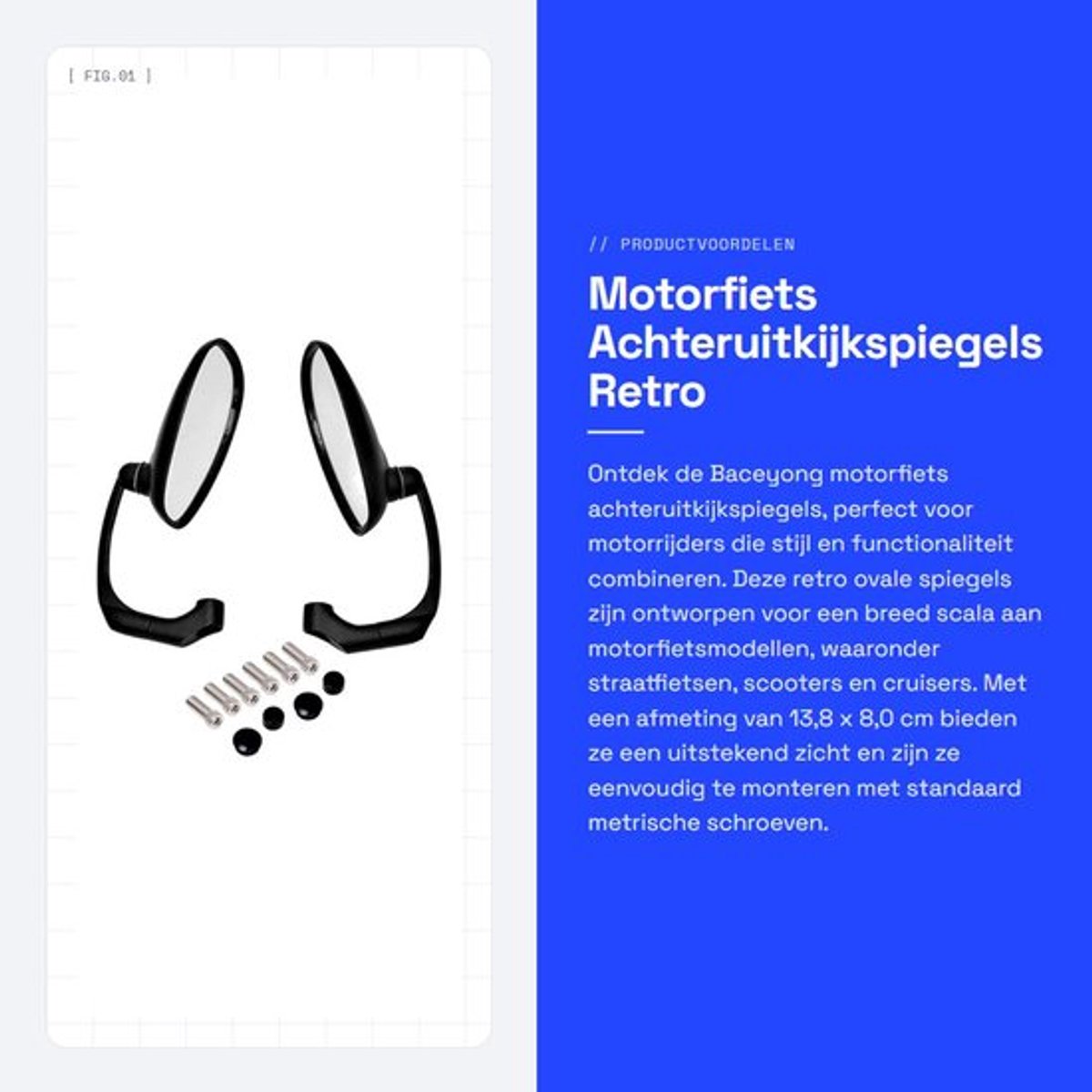 Achteruitkijkspiegels Retro Ovaal - Geschikt voor Motorfiets/Scooter - Spiegelmaat 13,8x8,0 cm - M10/M8 Schroefmodel - Helder Zicht - Nieuw - Motorfiets Spiegels