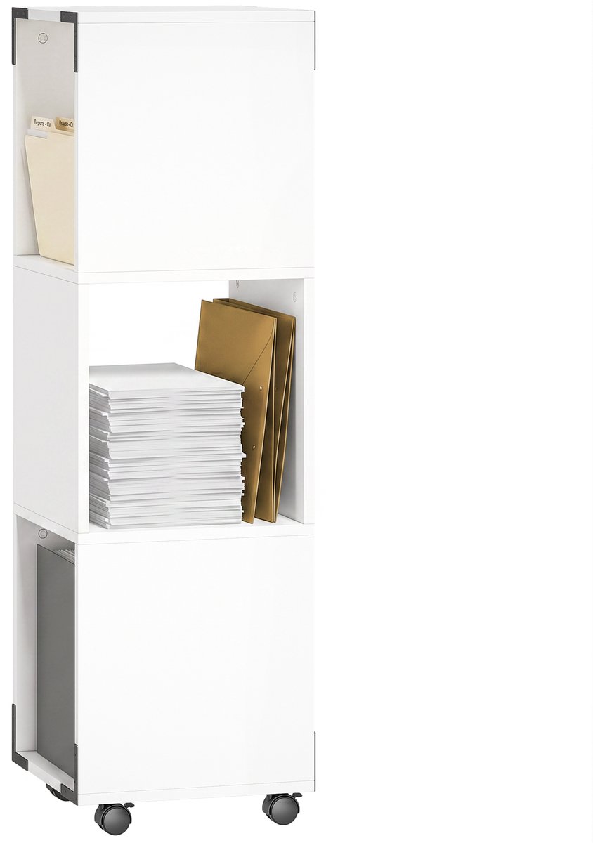 Verrijdbare archiefkast met 3 open vakken - printerplank op wielen met 2 remmen - wit