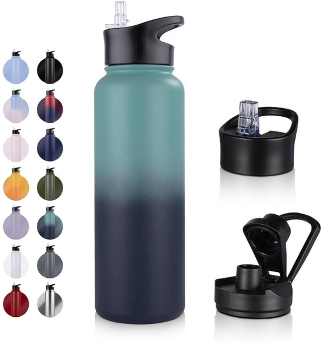 Waterfles 1200 ml - Geïsoleerd - Rietjesdeksel/Uitloopdeksel - Roestvrij Staal - Dubbelwandig - BPA-vrij - Lekvrij - Drinkfles