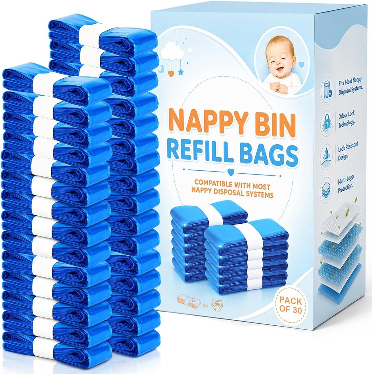 Luieremmer navulcassettes - Blauw - 30 stuks - 7-laags geurbescherming - Voor thuisgebruik