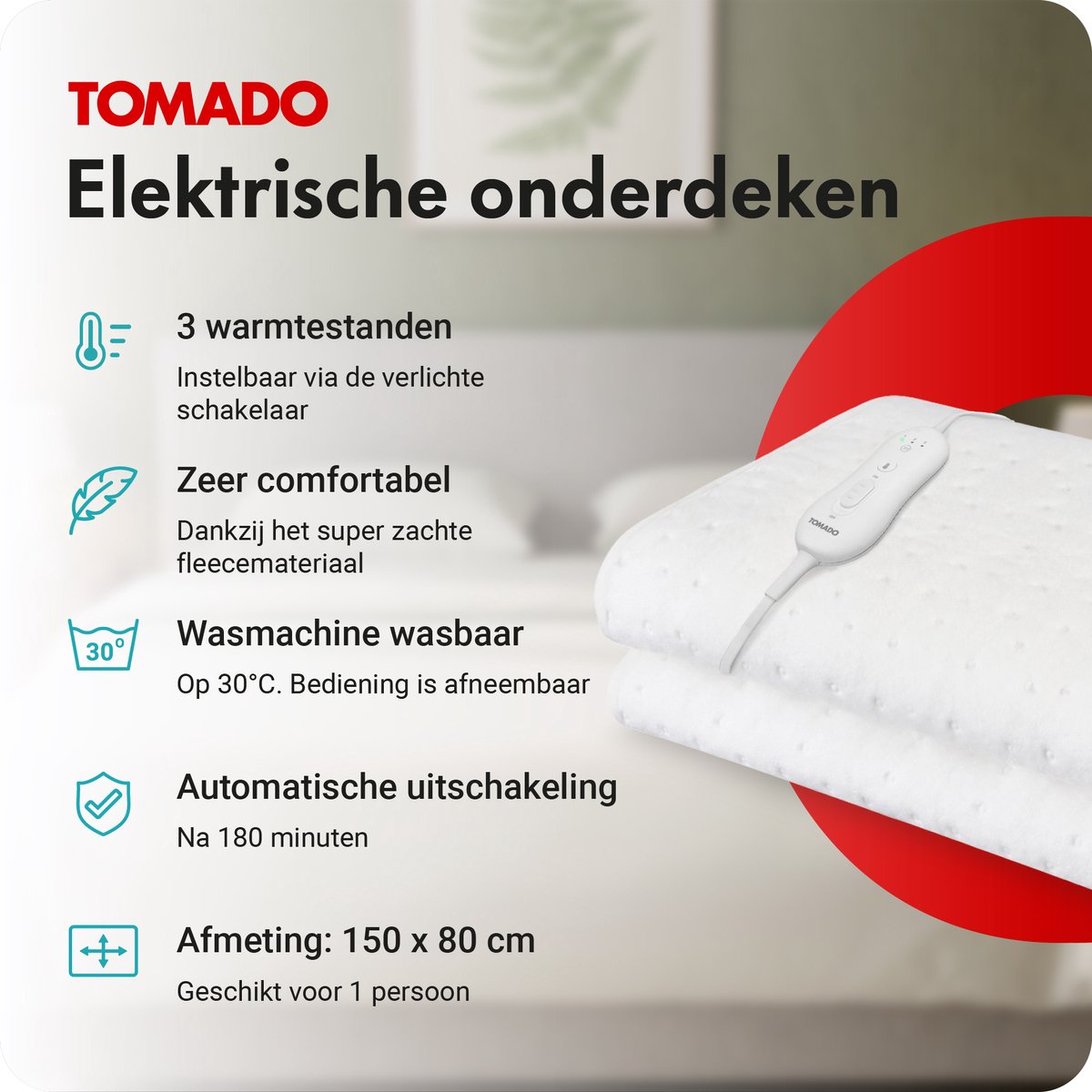 Tomado TEB1505W - Elektrische deken 1 persoons - 150 x 80 cm - Warmtedeken - Onderdeken - 3 standen – foto 2