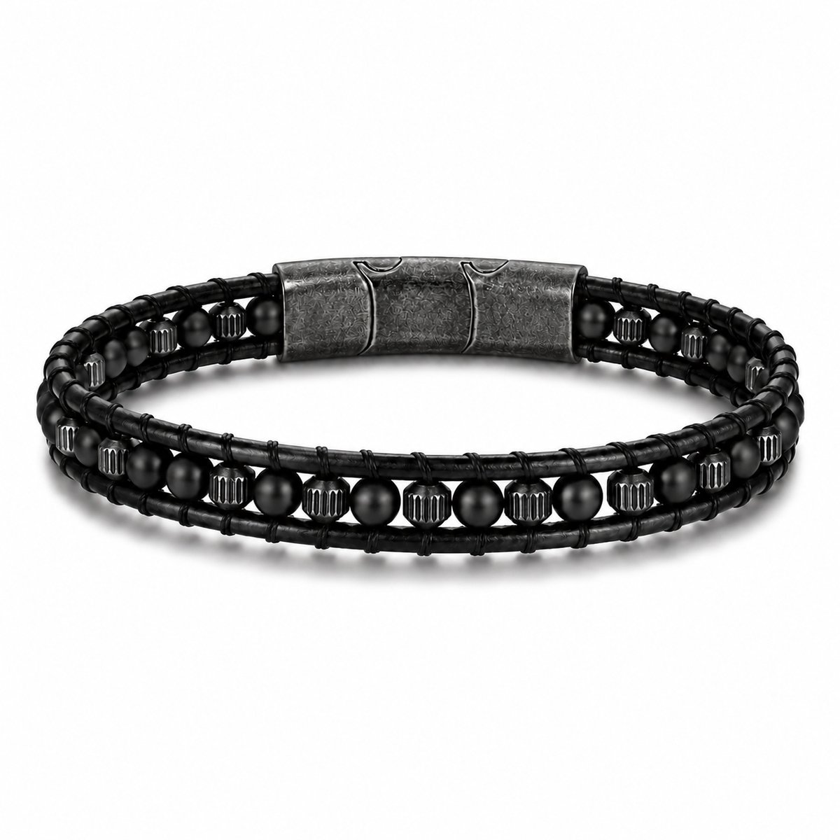 Frank 1967 7FB-0879 Heren Leren Armband – Zwarte Agaat – Vintage – 21 cm