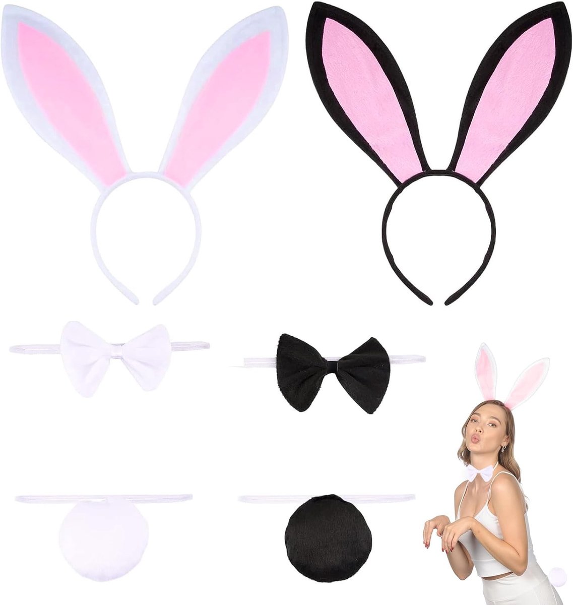 Schattige 6-delige Konijnenset - Kostuum met Fluffy Oren, Elegante Strik en Schattige Staart, Ideaal voor Carnaval, Halloween en Themafeesten, One Size