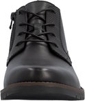 Zwarte leren veterboot, van voren gezien, met ritssluiting en textuurdetail.