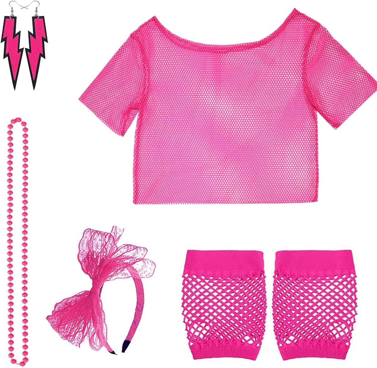 80s 90s mesh top voor dames, neon feestoutfit met netten, accessoires voor themafeesten, carnaval en kostuums