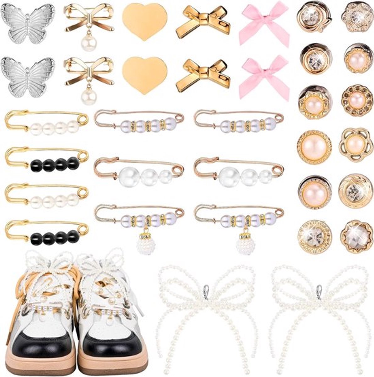 Schoencharms Set van 34 Stuks voor Sneakers, Inclusief Parels, Strikken en Vlinders voor Creatieve DIY Decoratie van Kleding en Accessoires