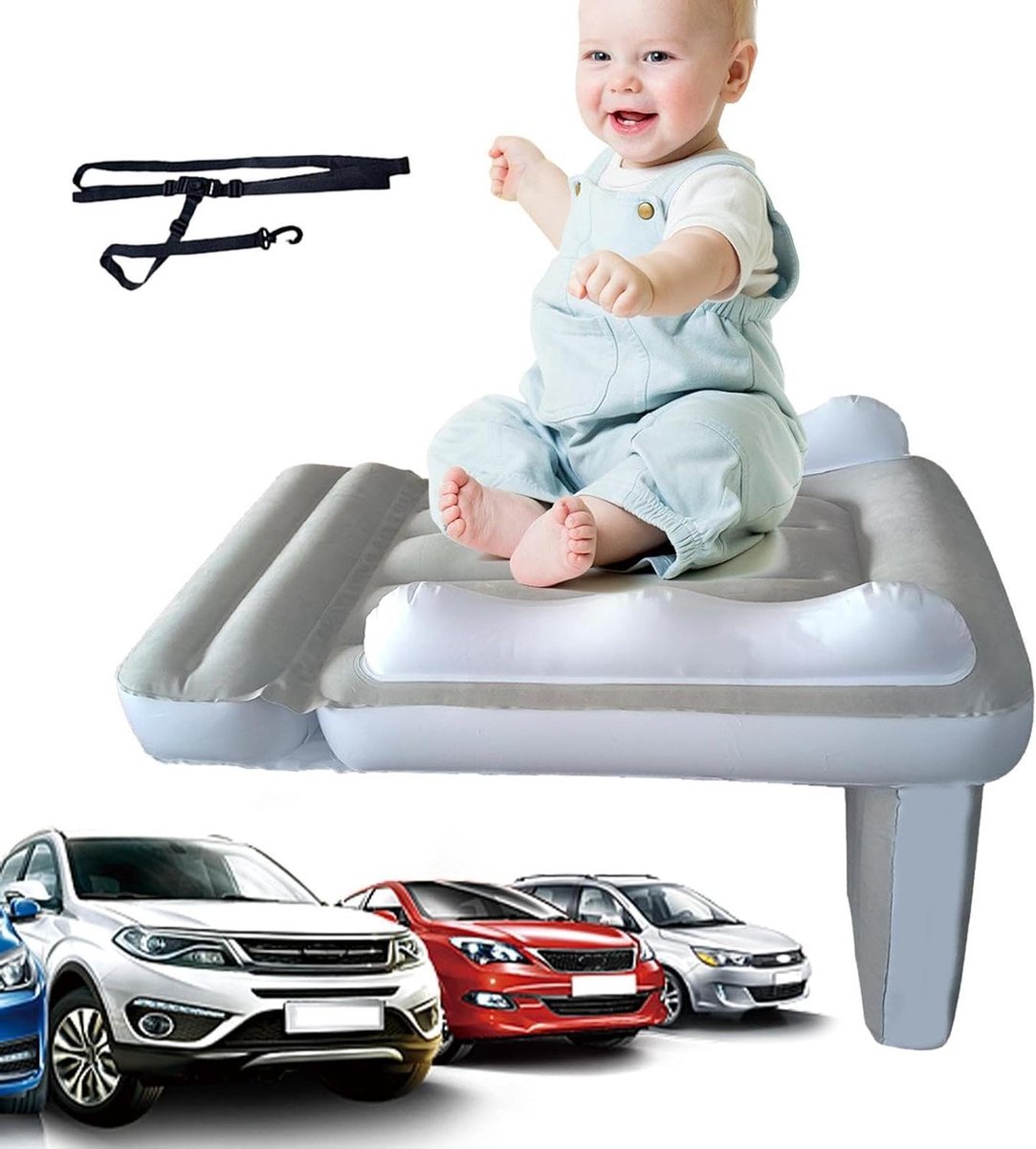 Opblaasbaar Reisbed Kinderen - Vliegtuigbed Peuters - Comfortabel Reizen - Met Veiligheidsgordel - 80 x 60 x 50 cm - Blauw