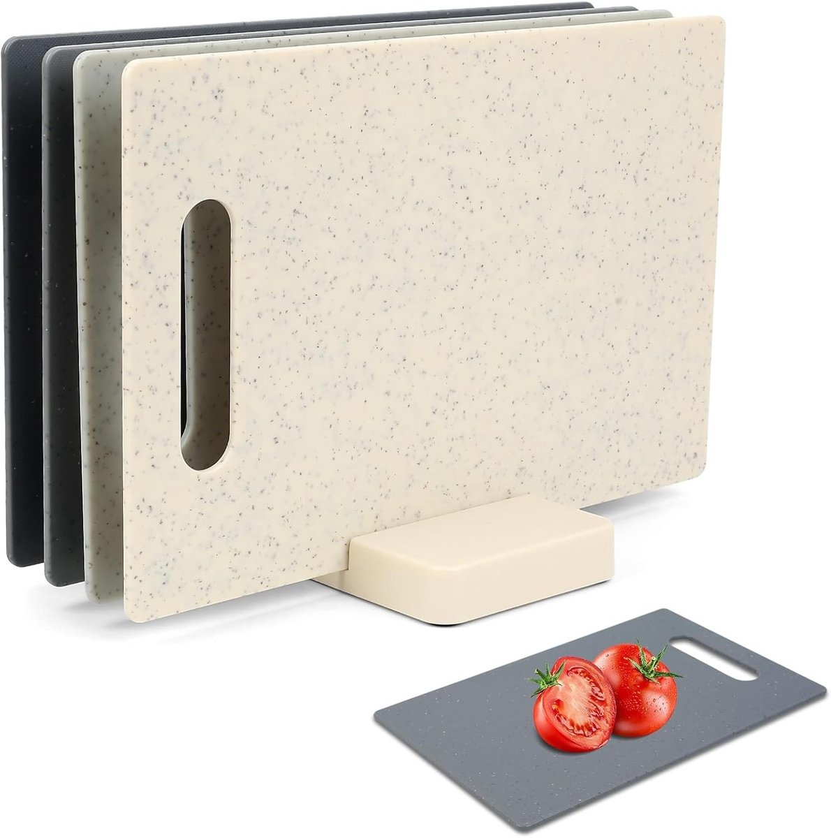 Snijplankenset met houder - Grijs & Beige - 28,9 x 19,1 cm - Kunststof Keukenplanken voor Efficiënt Snijden en Opbergen