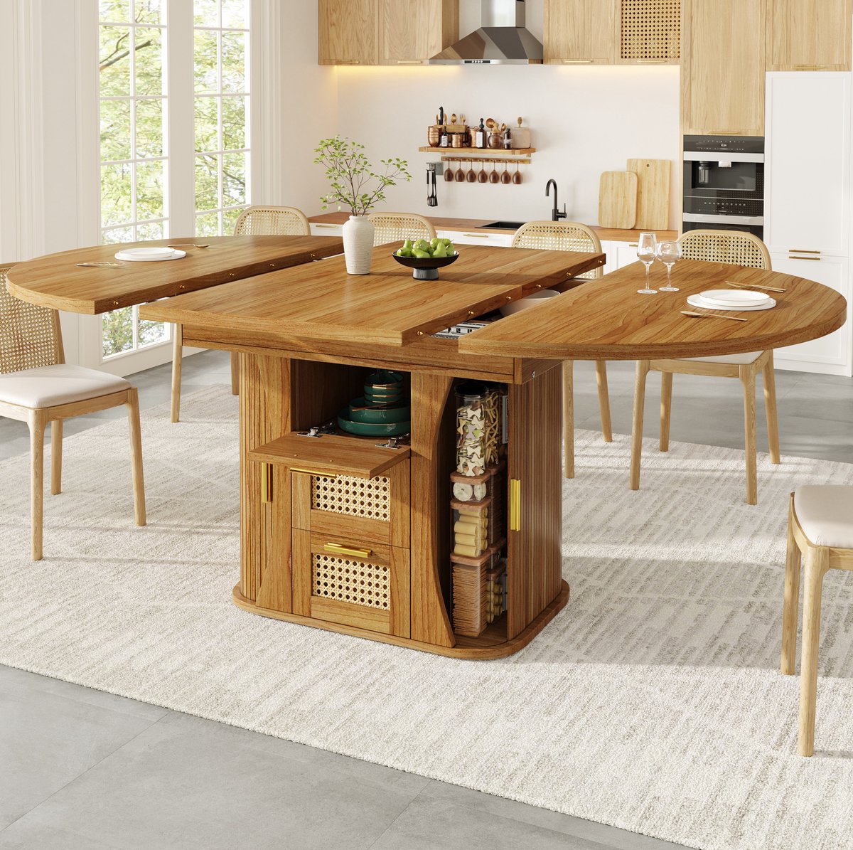 Wishdor Uitschuifbare eettafel - Opbergruimte - Rattan lades - MDF - houtlook - eiken - 118/158 x 118 x 77,1 cm