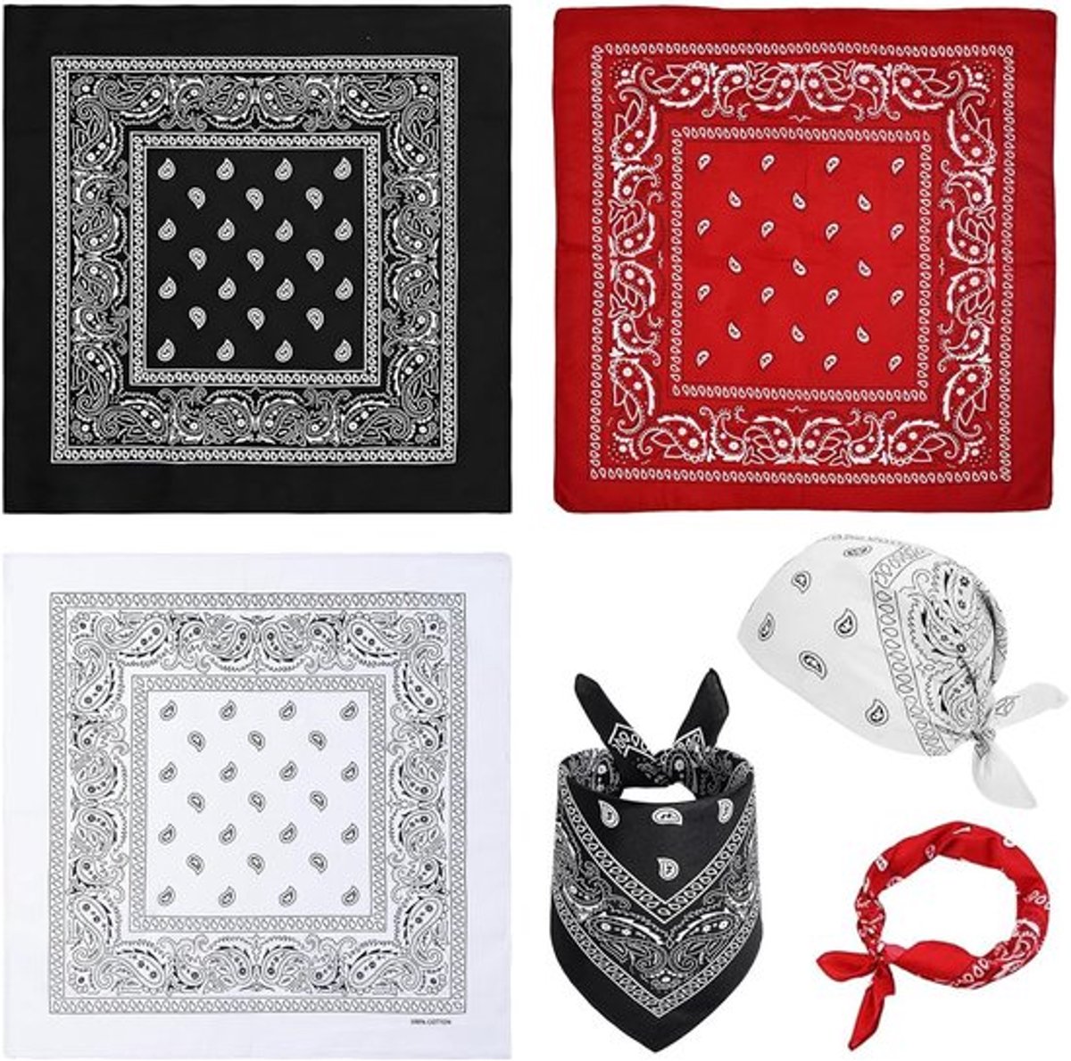Bandana Set - 3 Stuks - Multifunctionele Katoenen Hoofddoeken - Paisley Design - 55 x 55 cm - Rood/Zwart/Wit - Hoofddoek