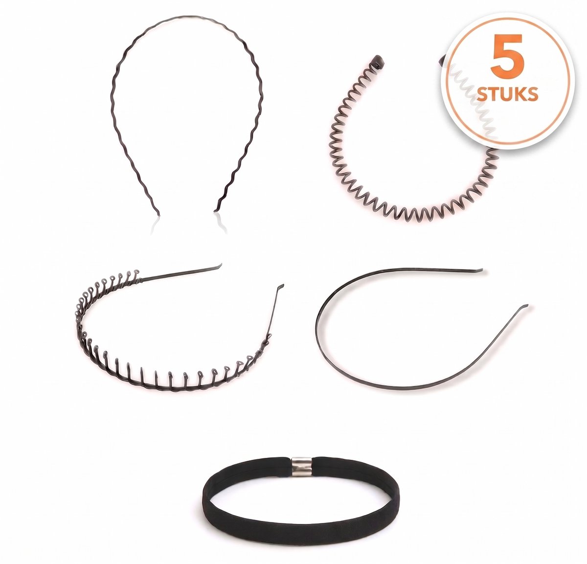INDECOR Haarband Set 5 Stuks - Zigzag Haarband - Diadeem Dames & Heren - Sport Haarband - Haaraccessoires - Metalen Haarbanden - Unisex - Zwart