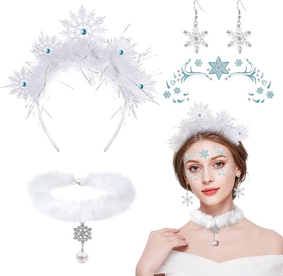 4 stuks sneeuwvlokken kostuum dames: sneeuwvlokken haarband - oorbellen - tattoo - ketting - accessoires voor Frozen - Kerstmis - Halloween - carnaval