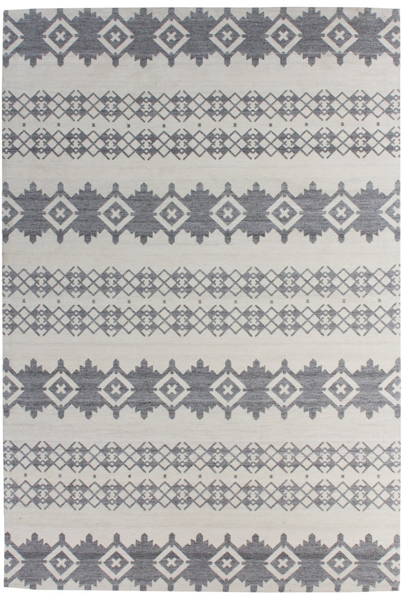 Padiro vlakgeweven vloerkleed 80 x 150 cm - grijs / crème / off-white - modern geometrisch patroon - geschikt voor vloerverwarming - van wol en viscose