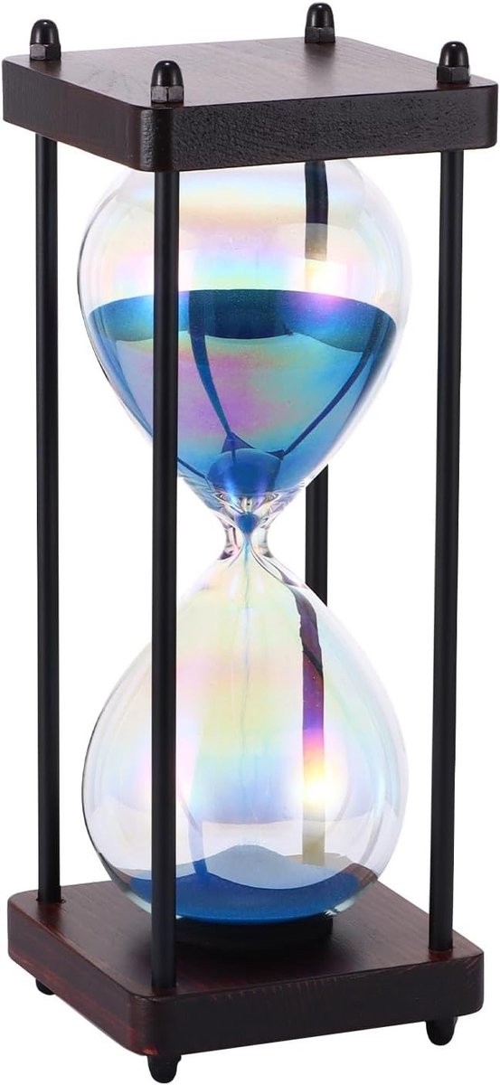 Grote Regenboog Zandloper van Glas met Fijn Blauwe Zand en Houten Houder voor Thuis, Kantoor en Bruiloft Decoratie - Unieke Decoratieve Zandloper voor Interieur en Styling