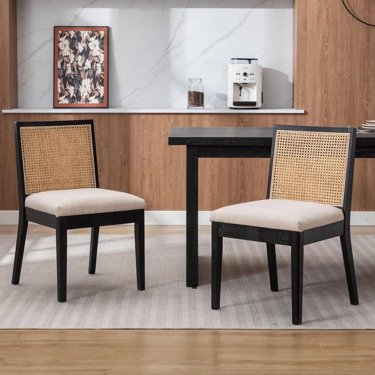 Eetkamerstoelen Set - Rotan stoelen - Comfortabel zitten - Massief houten frame - Set van 2 - Zwart