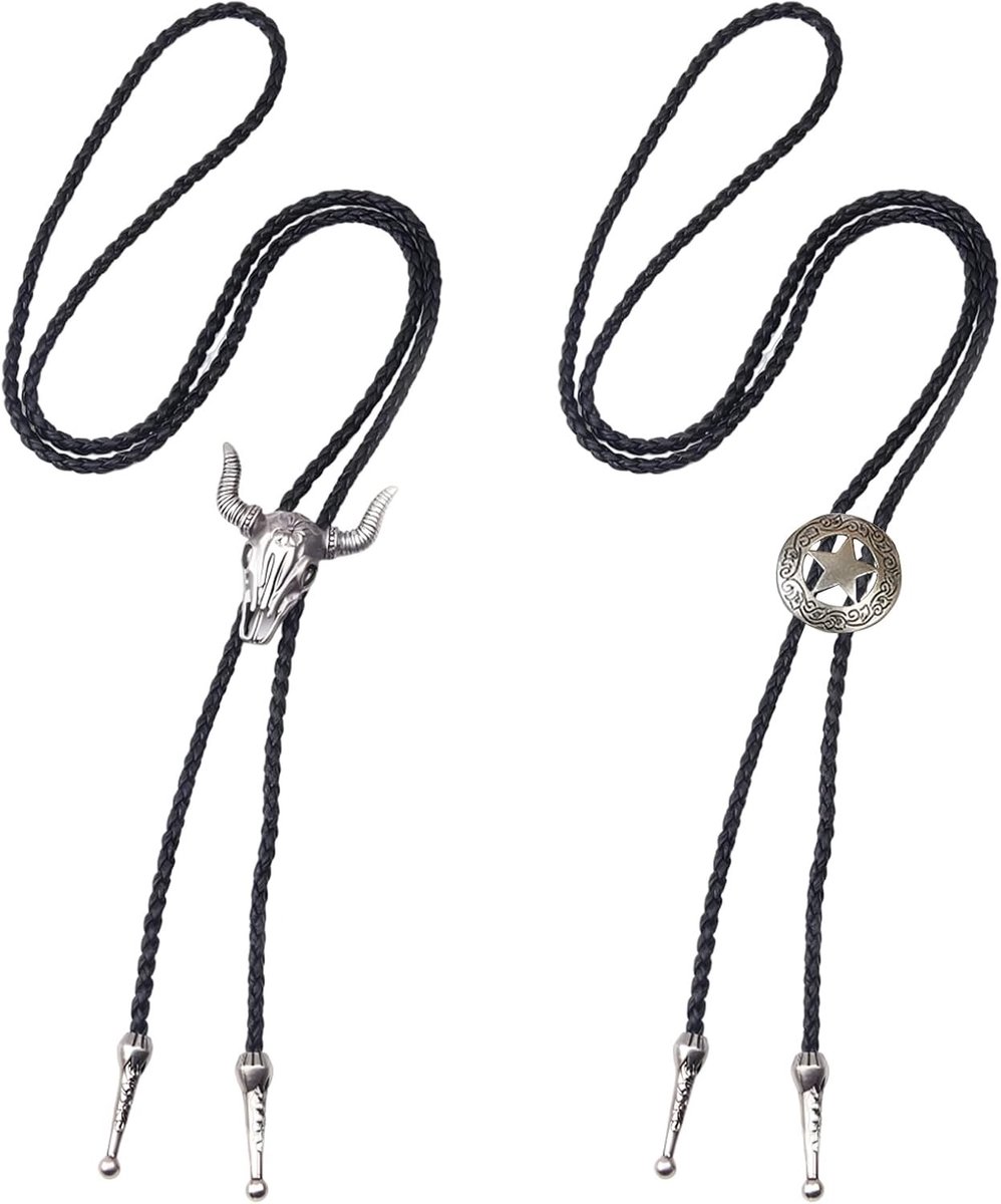 Unisex Leren Cowboy Kraag Set - Wild West Thema met Koeienkop en Texas Ranger Ster Ontwerpen, Verstelbare Bolo Ties voor Mannen en Vrouwen, Perfect voor Feestjes en Kostuums