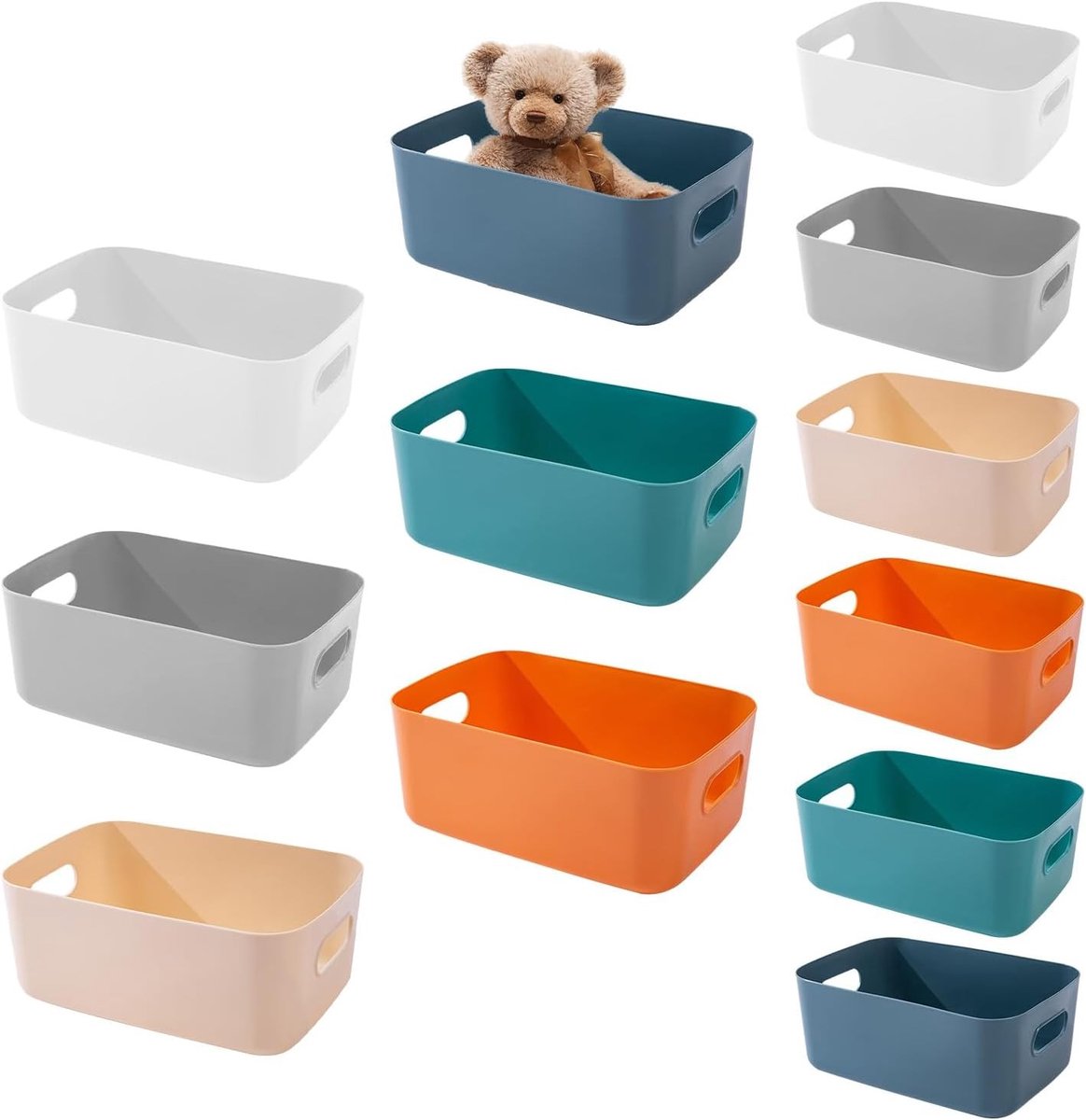 Set van 12 Plastic Opbergmanden voor Huishoudelijk Gebruik, Handvat, Geschikt voor Planken en Lades, Verkrijgbaar in 6 Kleuren en 2 Maten