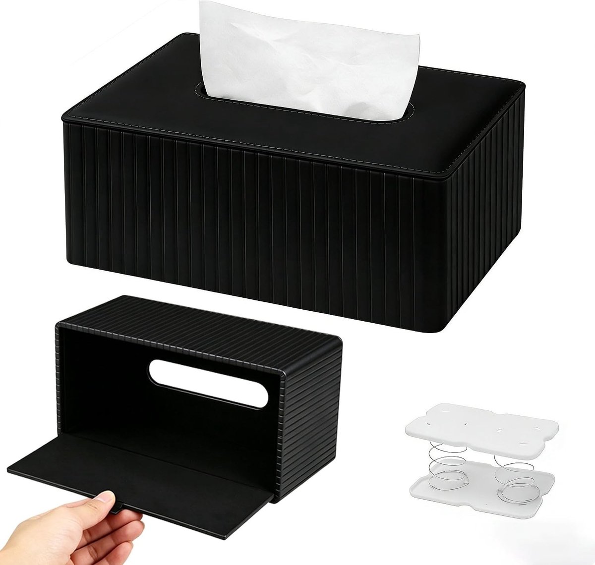 Elegante zakdoekdoos met magnetische bodemafdekking in zwart gestreept PU-leer, ideaal voor badkamer, slaapkamer en kantoor, 25 x 14 x 10,8 cm