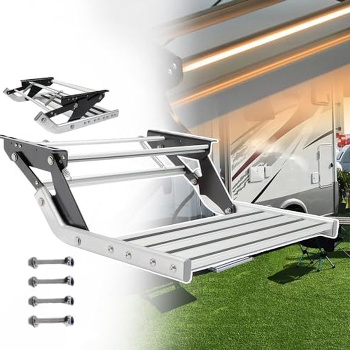 Camper Opstapjes - RV Trede Vouwbaar - Veilig Instappen - Met LED Verlichting - 150 kg Draagvermogen - Zilver