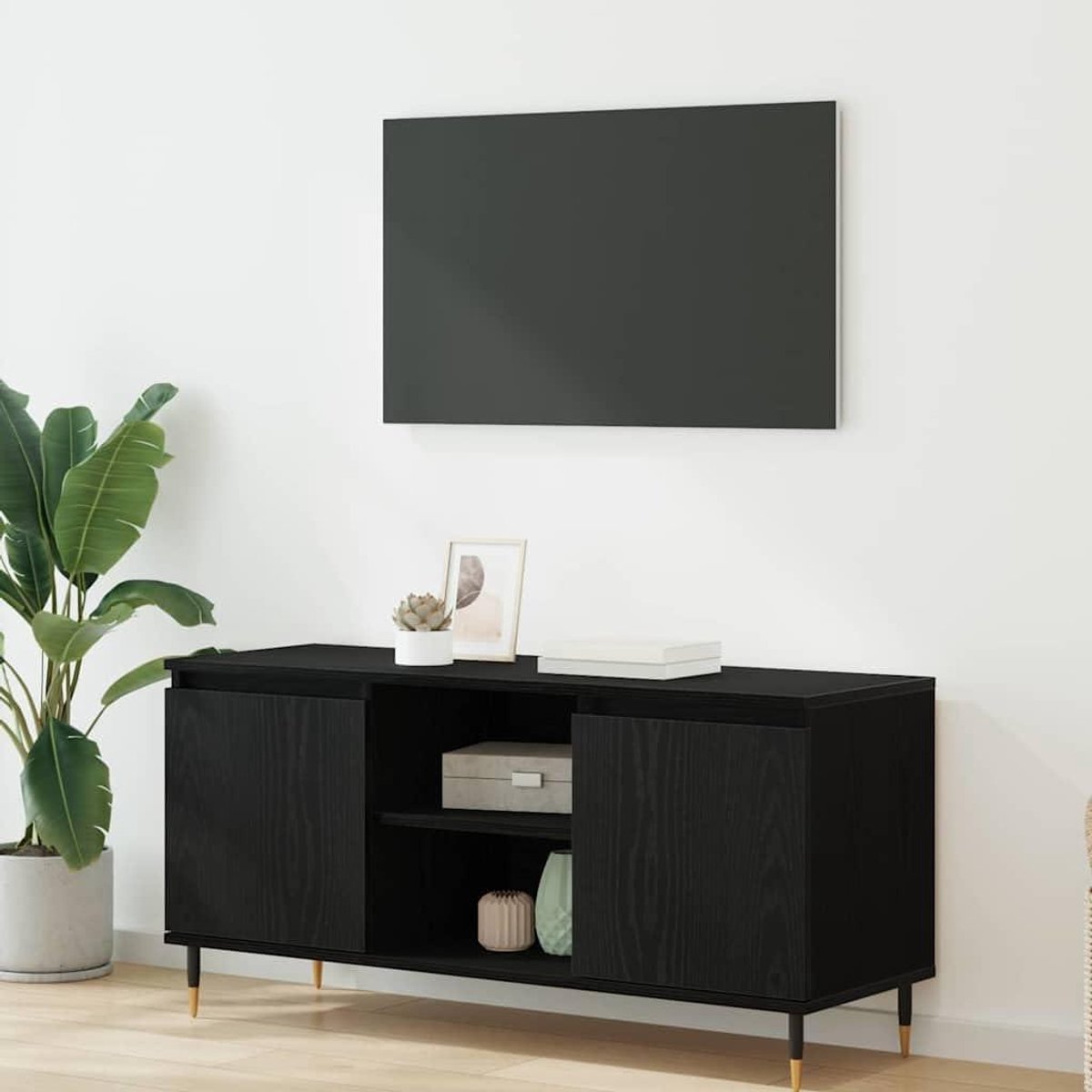 Tv-meubel - Tv-kast Lowboard - Opbergen Entertainment - Strakke Lijnen - 104 x 35 x 50 cm - Zwart Eiken